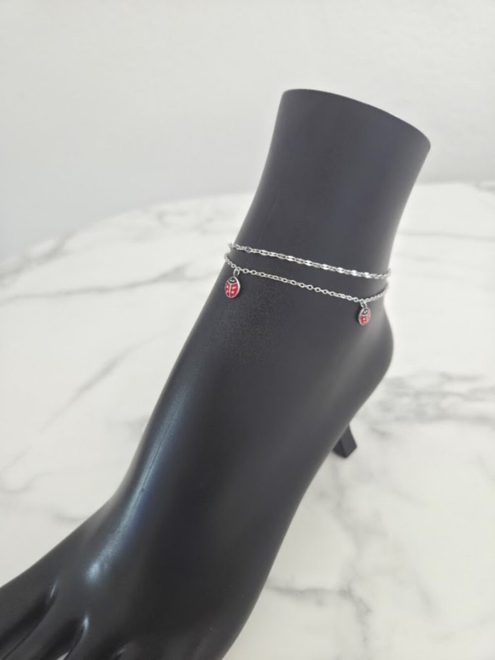 Dainty Ladybug Double Chain Anklet Silver Tone Minimalist Summer Jewelry - Picture 9 of 15